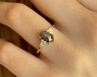 Geometric Salt and Pepper Diamond and Round Diamonds Engagement Ring, Unique Hexagon Grey Galaxy Diamond Ring, Ooak engagement - Sabina