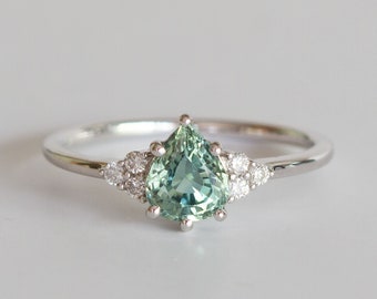 Mint Pear Sapphire and Diamond Ring, Light Green Pear Sapphire and Diamond Engagement Ring - Matilde