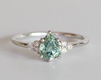 Mint Pear Sapphire and Diamond 14K White Gold Ring