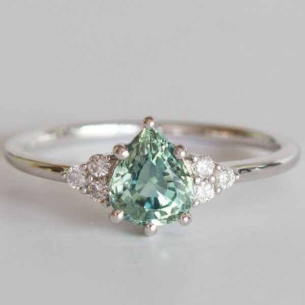 Mint Pear Sapphire and Diamond Ring, Light Green Pear Sapphire and Diamond Engagement Ring - Matilde