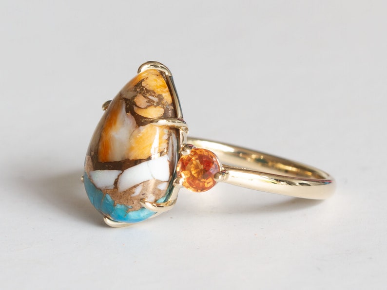 Spiny Oyster Turquoise and Orange Sapphire Ring, Unique Turquoise and Orange Sapphire Engagement Ring Cielo image 6