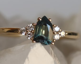 Parti Green Blue Fancy Cut Sapphire and Diamond Ring, Unique Sapphire Fancy Cut Engagement Ring - Chloe