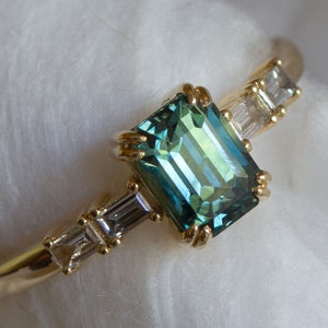 Emerald Cut Tourmaline and Diamond Engagement Ring, Unique Green Tourmaline and Diamond Ring, Teal Tourmaline - Brigida