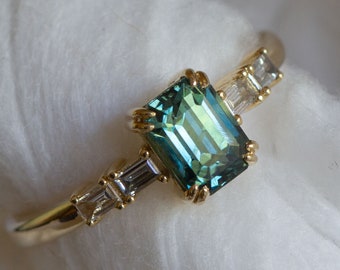 Emerald Cut Tourmaline and Diamond Engagement Ring, Unique Green Tourmaline and Diamond Ring, Teal Tourmaline - Brigida