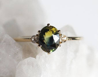 Tri Colour Oval Sapphire and Rose Cut Diamond Ring, Oval Sapphire and Diamond Engagement Ring - Rosana