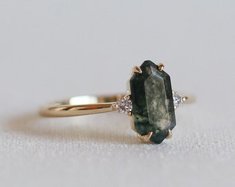 Elongated Hexagon Moss Agate Ring, Moss Agate Engagement Ring, Hexagon Moss ring, Side Diamond Ring, Geometric Moss Agate - Alondra