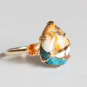Spiny Oyster Turquoise and Orange Sapphire Ring, Unique Turquoise and Orange Sapphire Engagement Ring Cielo image 5