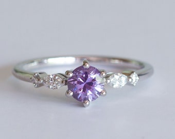 Lavender Round Sapphire and Diamond Ring, Lilac Sapphire and Diamond Engagement Ring - Alita