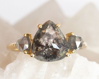 2.50ct Pear Salt and Pepper Diamond with Trilliant Diamonds Engagement Ring, Unique Engagement Ring, Rustic Grey Diamonds - Bianca