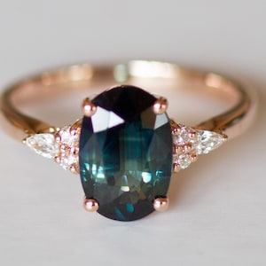 Teal Sapphire and Diamond Engagement Ring, Peacock Green sapphire 2.54ct oval natural sapphire 14k rose gold - Ophelia