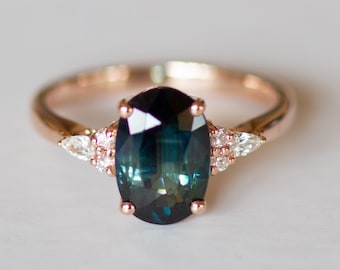 Teal Sapphire and Diamond Engagement Ring, Peacock Green sapphire 2.54ct oval natural sapphire 14k rose gold - Ophelia