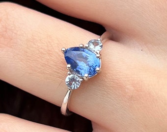 Ocean Blue Pear Sapphire Trilogy Ring: 14k White Gold Engagement Ring