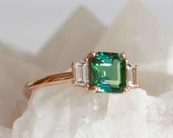 Forest Green Tourmaline and Tapered Baguettes Diamond Ring - Gabriella