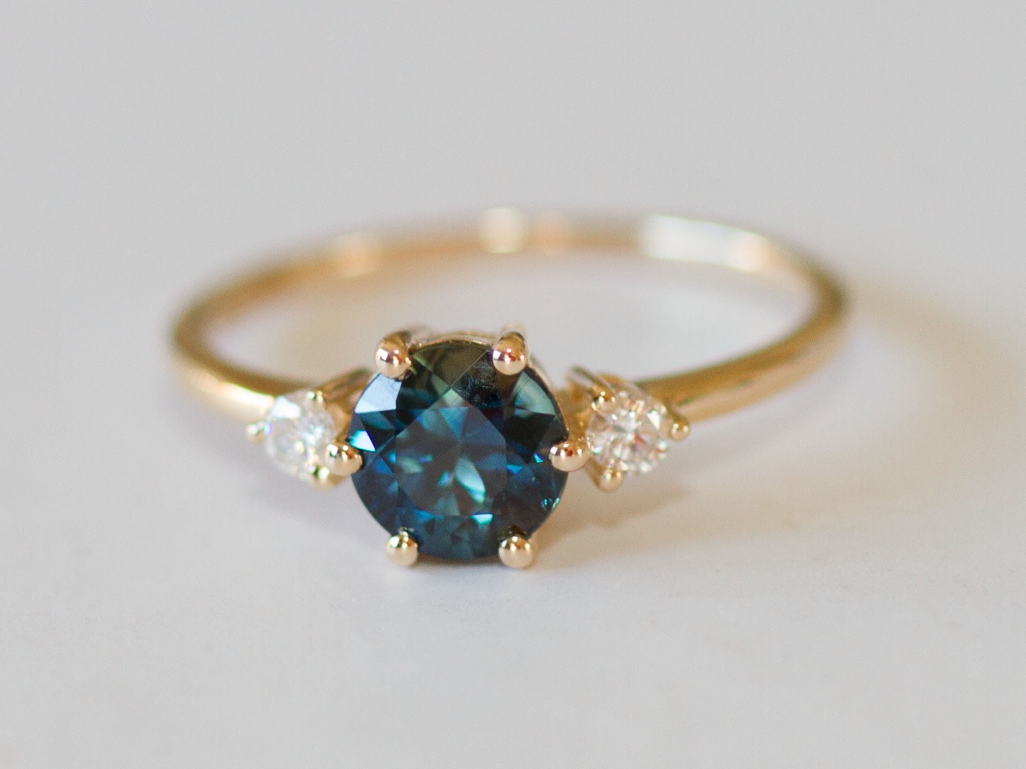 Three Stone Teal Sapphire and Diamond Ring Sapphire - Etsy