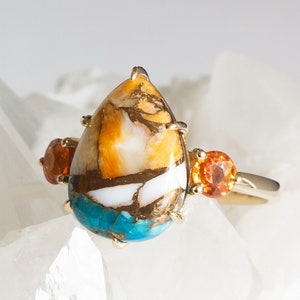 Spiny Oyster Turquoise and Orange Sapphire Ring, Unique Turquoise and Orange Sapphire Engagement Ring Cielo image 1