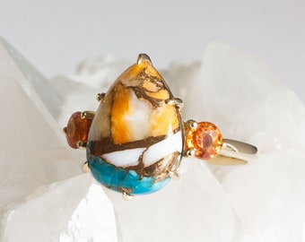 Spiny Oyster Turquoise and Orange Sapphire Ring, Unique Turquoise and Orange Sapphire Engagement Ring - Cielo