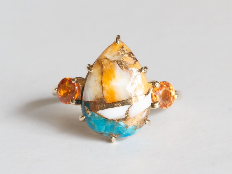 Spiny Oyster Turquoise and Orange Sapphire Ring, Unique Turquoise and Orange Sapphire Engagement Ring Cielo image 2