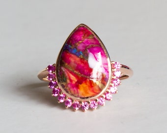 Spiny Oyster Turquoise and Sapphire Ring, Unique Turquoise Pink Sapphire Engagement Ring - Charo