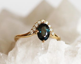 Oval Australian Teal Sapphire and Diamond Gold Ring - Mila