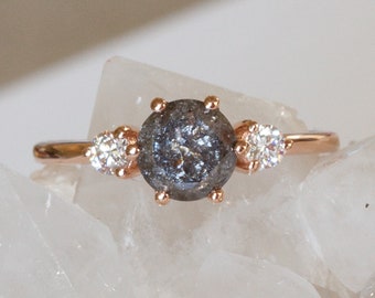 Three Stone 1ct Salt and Pepper Diamond Engagement Ring, Rustic Grey Diamond Ring - Aviella