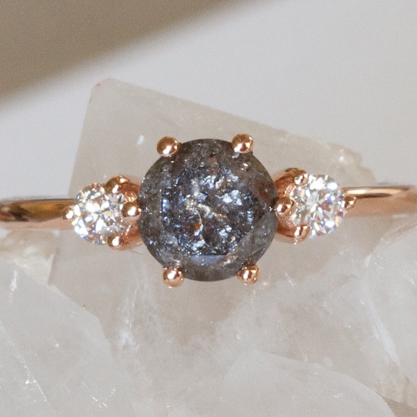 Three Stone 1ct Salt and Pepper Diamond Engagement Ring, Rustic Grey Diamond Ring - Aviella