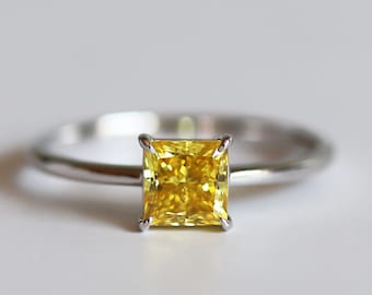 1.50ct Yellow Lab Grown Princess Diamond Ring / Princess Diamond Engagement Ring / Fancy Yellow Ring / 14k Gold Princess Diamond - Juana