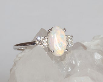 Lightning Ridge Opal and Diamond Engagement Ring: 14K White Gold