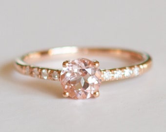 Round Morganite and Diamond Rose Gold Ring, Morganite Engagement Ring - Melita