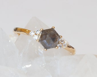 Geometric Salt and Pepper Diamond Engagement Ring, Unique Hexagon Grey Galaxy Diamond Ring - Savia