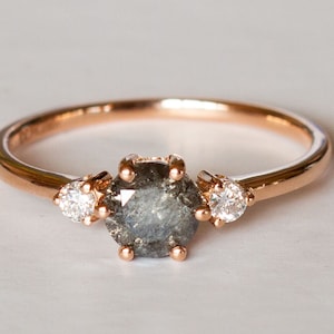 Salt and Pepper Diamond Engagement Ring: 14k Rose Gold, Three Stone Ring
