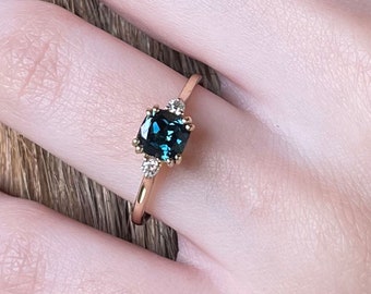 Teal Parti Sapphire and Diamond Ring, Sapphire Cushion Engagement Ring, Parti Sapphire and Diamond Ring - Serena Petite