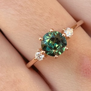Teal Sapphire Engagement Ring: Three Stone Diamond, 14k Rose Gold