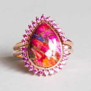 Spiny Oyster Turquoise and Sapphire Ring, Unique Turquoise Pink Sapphire Engagement Ring and Matching Band Charo Set image 1