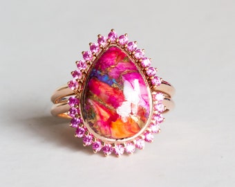 Spiny Oyster Turquoise and Sapphire Ring, Unique Turquoise Pink Sapphire Engagement Ring and Matching Band - Charo Set
