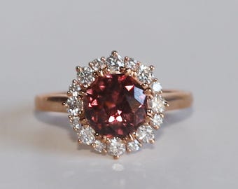 Octagon Pink Zircon Diamond Halo Ring: 14K Rose Gold Engagement Ring