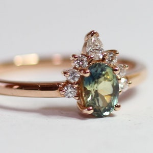 Teal Blue Green Sapphire Diamond Crown Ring: 18K Rose Gold