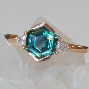 Geometric Teal Sapphire and Trilliant Diamonds Engagement Ring, Unique Hexagon Teal Sapphire Ring - Trillare