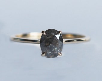Salt and Pepper Oval Diamond Solitaire Ring - Sancia