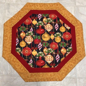 Christmas Ornament Table Topper, Red and Gold, Home Decor, Quilts for Sale, Quilt Decor, Festive Decor