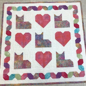 Cats & Hearts Quilted Wall Hanging: Handmade Batik Cotton Decor