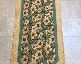 Teal Pressed Flowers Table Runner, Quilted Runner, Home Decor, Housewarming Gift, Anniversary Gift