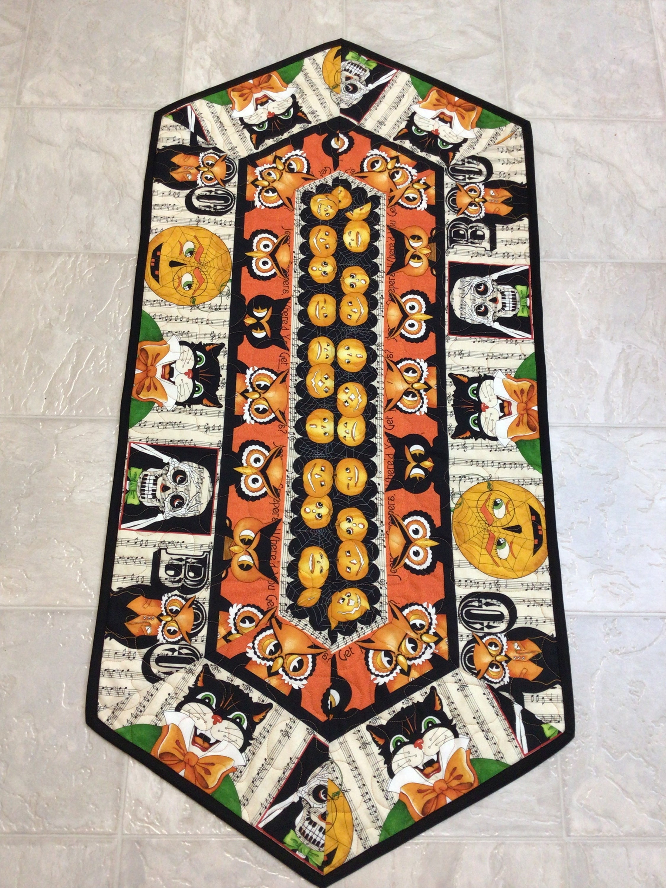 Music Halloween Quilted Table Runner: Cats, Owls, Pumpkins