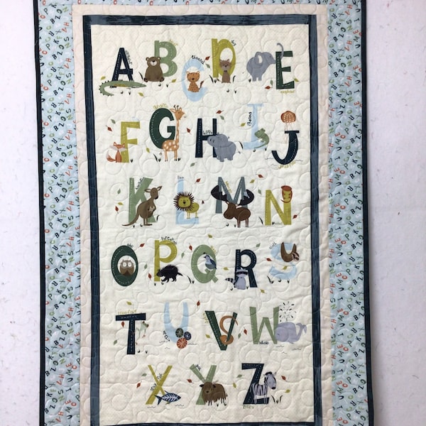 Alphabet Blue Panel Quilt, Baby Quilt, Handmade Quilts for Sale, Nursery Decor, Baby Shower Gift, Baby Decor, Birthday Gift