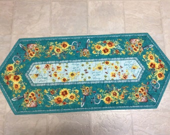 Sunflower Teal Table Runner, Quilted Table Runner, Quilts for Sale, Home Decor, Housewarming Gift, Bridal Shower