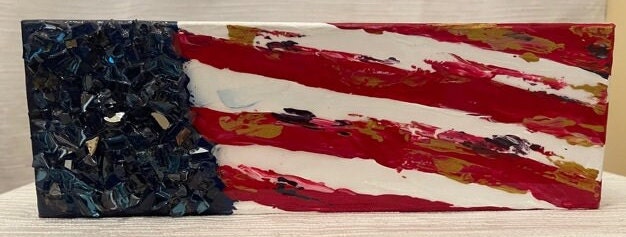 Hand Crushed Glass Patriotic American Flag on Hand Painted Canvas 4 x 12