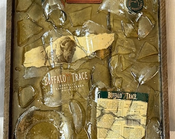 Hand Crafted Large Buffalo Trace Bourbon Broken Liter Bottle Art on Wood Panel