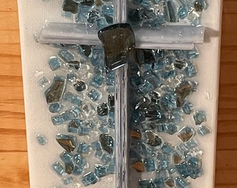 Beautiful Hand Cut Religious Blue Cross on Canvas Panel