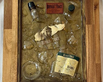 Hand Crafted Buffalo Trace Bourbon Broken Bottle Art in Wood Frame