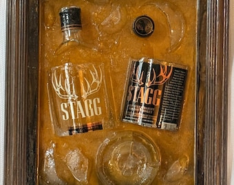 Hand Crafted Stagg Bourbon Broken Bottle Art in Wood Frame