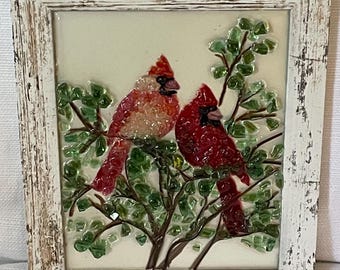 Handcrafted Glass Art Pair of Red Cardinals on Rustic Weathered Wood Frame